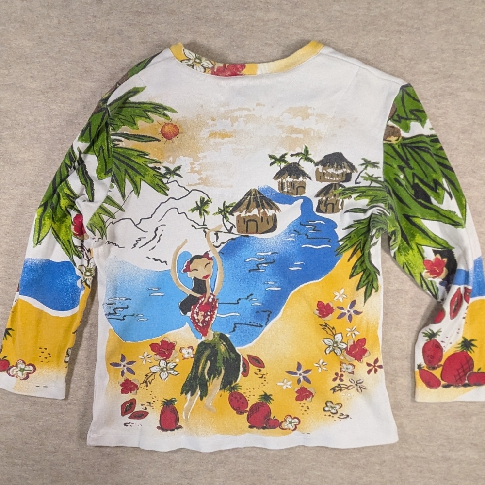 Chico's Tropical Hula Vintage Cotton Print V-Neck 3/4 Sleeves Fun!! Shirt Size L - Picture 8 of 9
